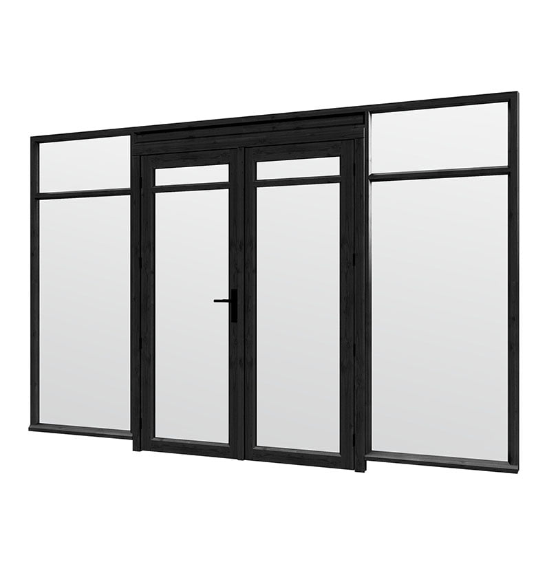 product_steel-look_module_dubbeledeuren_E-02 Steel Look raam 3405x2200mm zwart module E-02 met dubbele openslaande deuren - Afbeelding 1