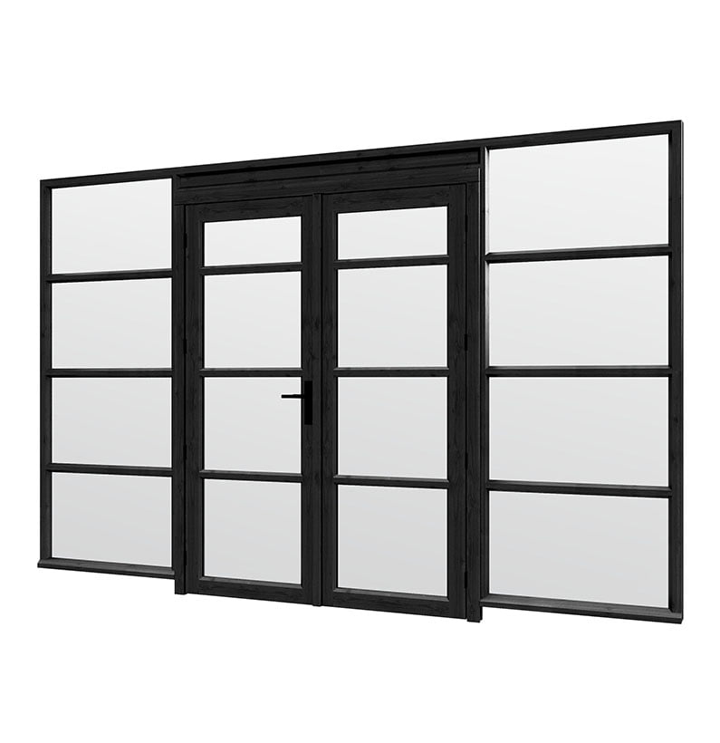 product_steel-look_module_dubbeledeuren_E-04 Steel Look raam 3405x2200mm zwart module E-04 met dubbele openslaande deuren - Afbeelding 1