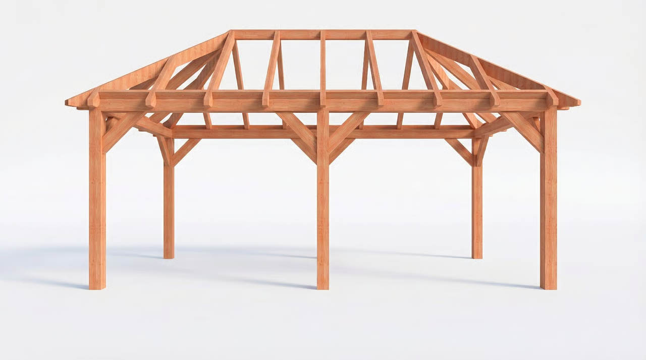 CP-20.3006 - Constructiepakket schilddak - 6370x3460x3760mm - fijnbezaagd Douglas - Voorzijde Constructiepakket schilddak | 6370x3460x3760mm | fijnbezaagd Douglas - Afbeelding 1